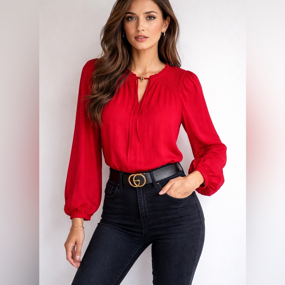 Elegant Crimson Red Women's Peasant Top Front Tie Sz XS